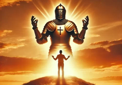 Pessoa com as mãos erguidas em oração ao pôr do sol, representando a Armadura de Deus e a busca por proteção e autoridade espiritual.