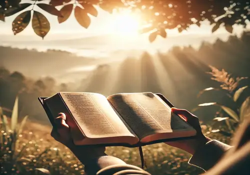 Pessoa segurando uma Bíblia aberta em um ambiente sereno, simbolizando a renovação da mente com o Salmo 23.